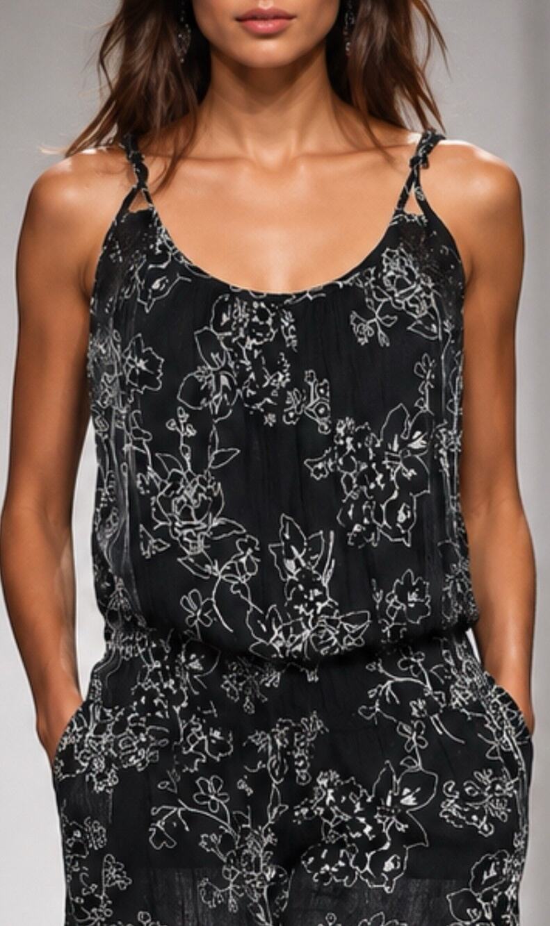American Eagle Floral Jumpsuit Women S Black/White Boho Wide Leg Romper Overalls